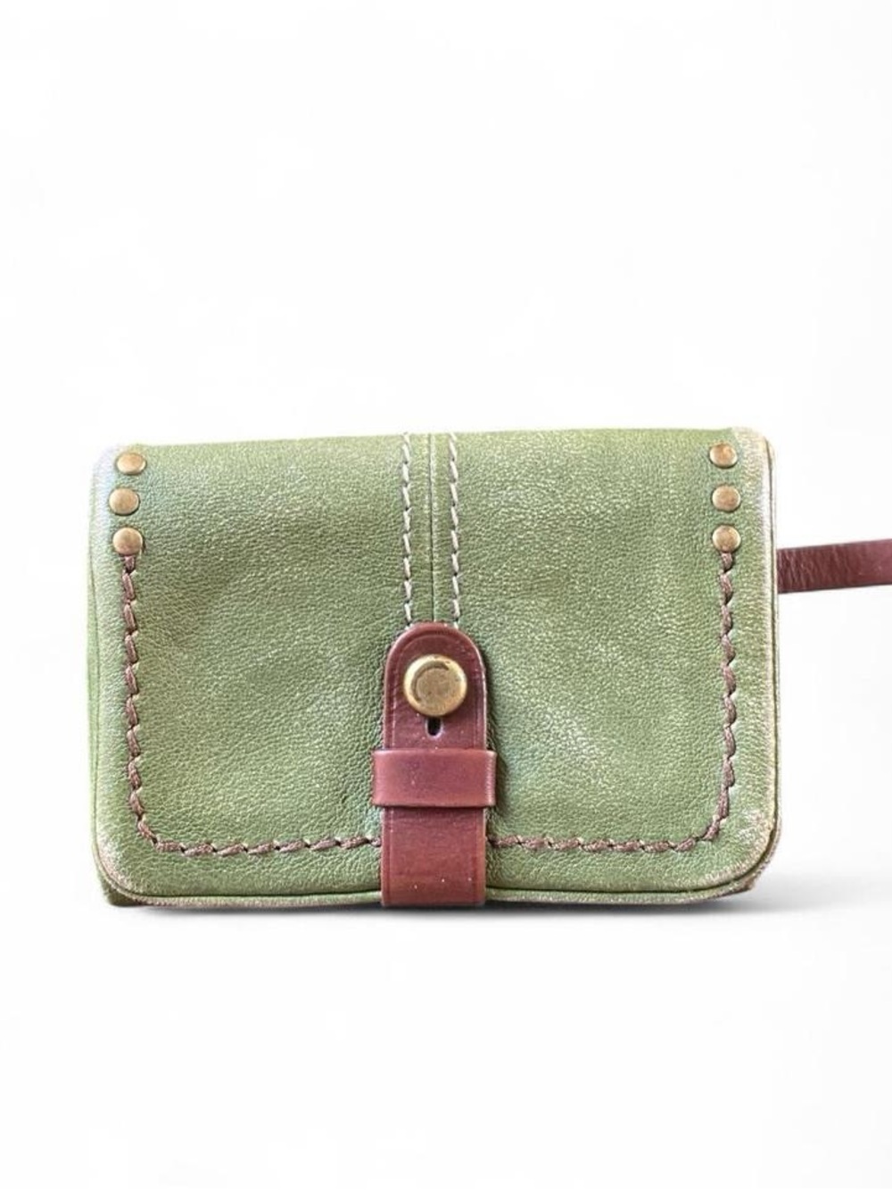 Fossil Green Leather Wallet with Brown Strap and Brass Accents